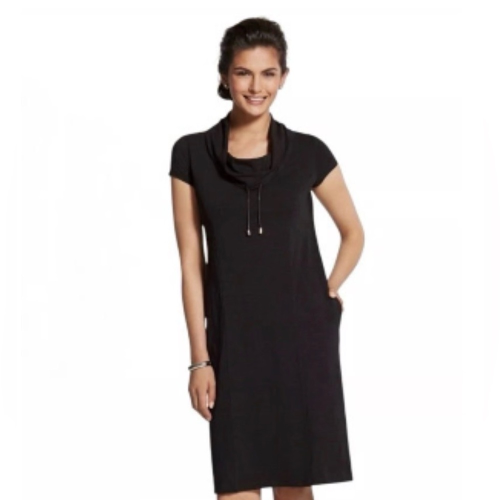 Chico’s Zenergy Black Short Sleeve Cowl Neck Dress w/ drawstring & pockets Sz 1